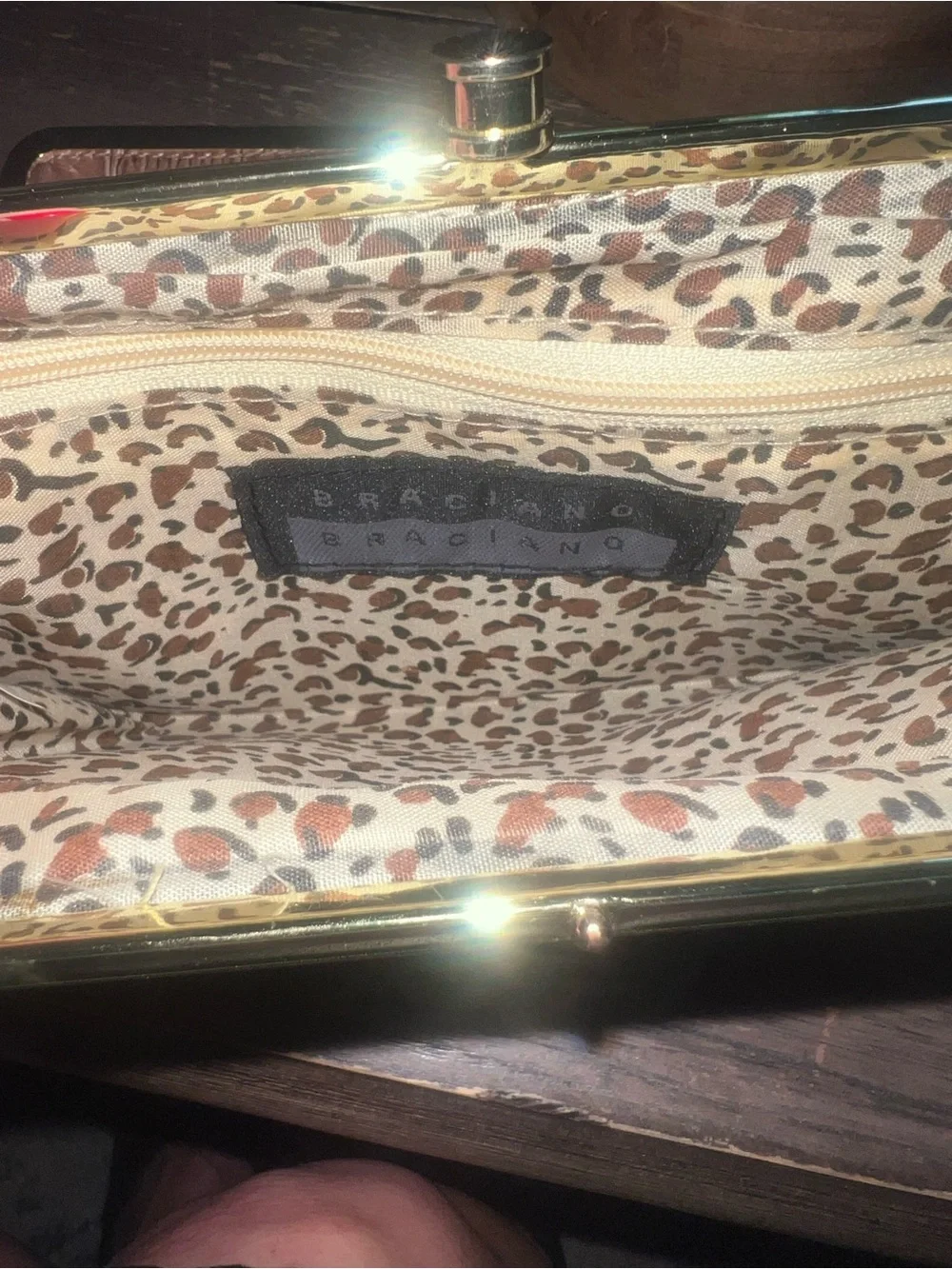 Metallic Bronze Croc-Embossed Frame Clutch by Braciano, like new!